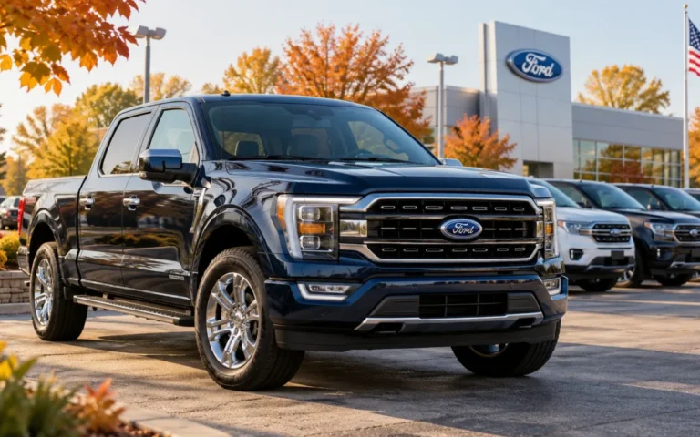 Illustrazione generata con IA: pickup con marchio Ford davanti a una concessionaria statunitense, con SUV sullo sfondo.