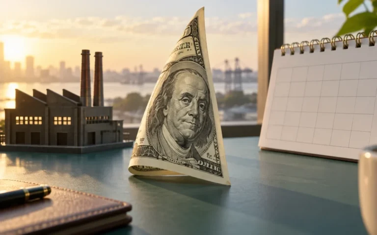 Illustrazione generata con IA: banconota in dollari piegata a vela, modello di fabbrica e calendario senza dati.