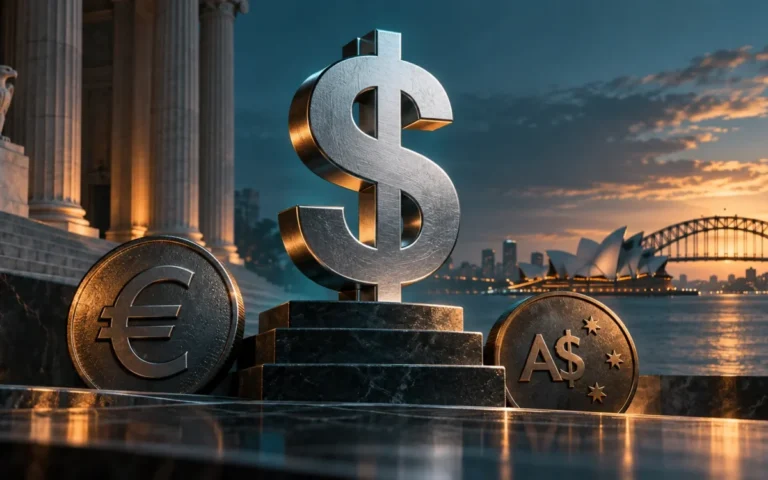 Simbolo del dollaro su un piedistallo con euro, dollaro australiano e skyline di Sydney