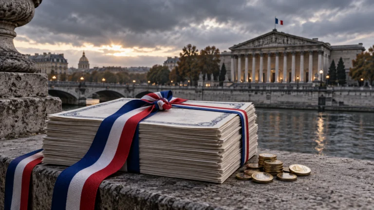 Illustrazione generata con IA: documenti obbligazionari con nastro francese davanti al Palais Bourbon di Parigi.