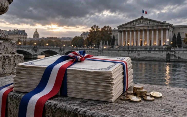 Illustrazione generata con IA: documenti obbligazionari con nastro francese davanti al Palais Bourbon di Parigi.