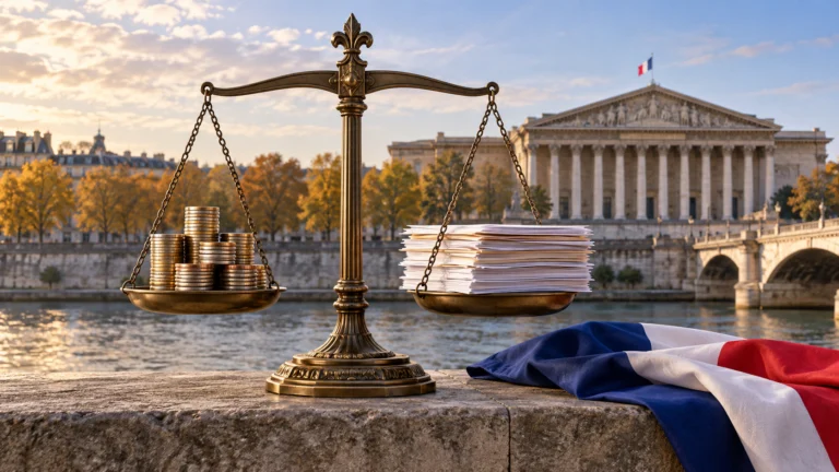 Illustrazione generata con IA: una bilancia con monete e documenti di bilancio davanti al Palais Bourbon a Parigi.