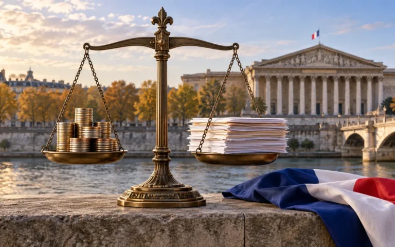 Illustrazione generata con IA: una bilancia con monete e documenti di bilancio davanti al Palais Bourbon a Parigi.