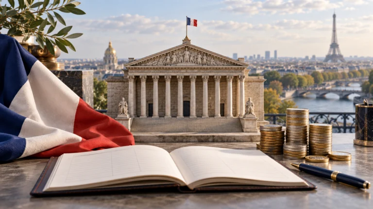 Bandiera francese, modello di un edificio pubblico e monete accanto a un registro di bilancio