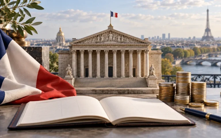 Bandiera francese, modello di un edificio pubblico e monete accanto a un registro di bilancio