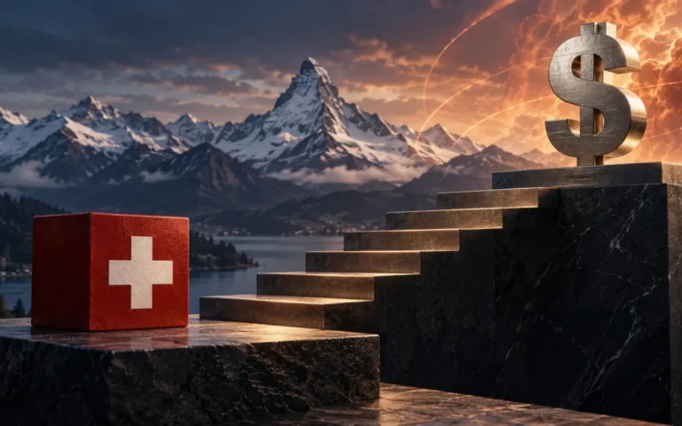 Illustrazione di un simbolo del dollaro su un livello superiore a un cubo con croce svizzera, sullo sfondo delle Alpi.