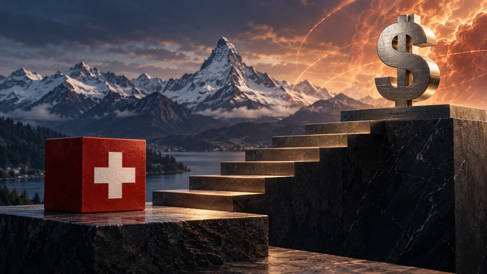 Illustrazione di un simbolo del dollaro su un livello superiore a un cubo con croce svizzera, sullo sfondo delle Alpi.