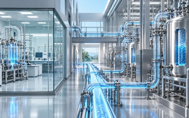Illustrazione generata con IA di un impianto per la produzione di biologici, con bioreattori e tubazioni; non raffigura uno stabilimento reale.