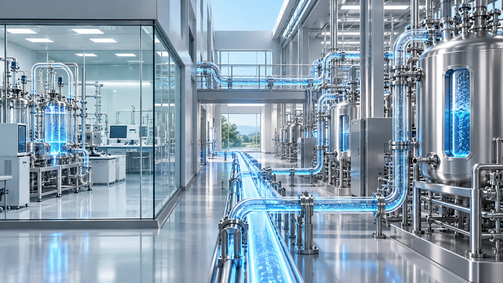 Illustrazione generata con IA di un impianto per la produzione di biologici, con bioreattori e tubazioni; non raffigura uno stabilimento reale.