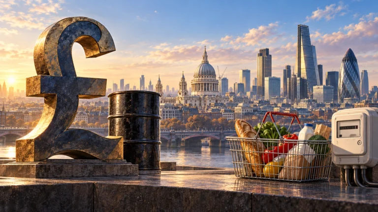 Illustrazione della City di Londra con simbolo della sterlina, barile di petrolio, carrello della spesa e contatore.