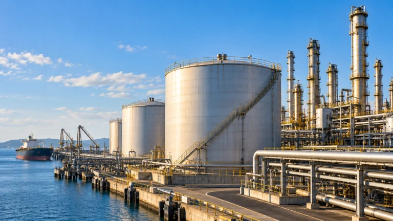 Illustrazione generata con IA: serbatoi di stoccaggio petrolifero e torri di raffinazione presso un terminale marittimo.