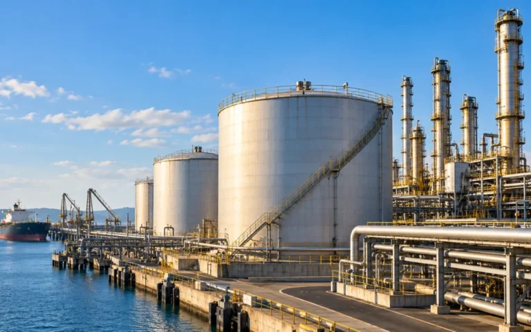 Illustrazione generata con IA: serbatoi di stoccaggio petrolifero e torri di raffinazione presso un terminale marittimo.