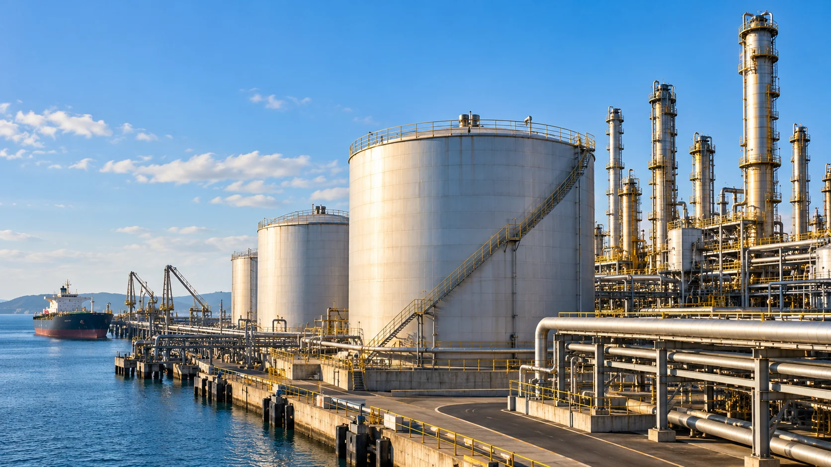 Illustrazione generata con IA: serbatoi di stoccaggio petrolifero e torri di raffinazione presso un terminale marittimo.