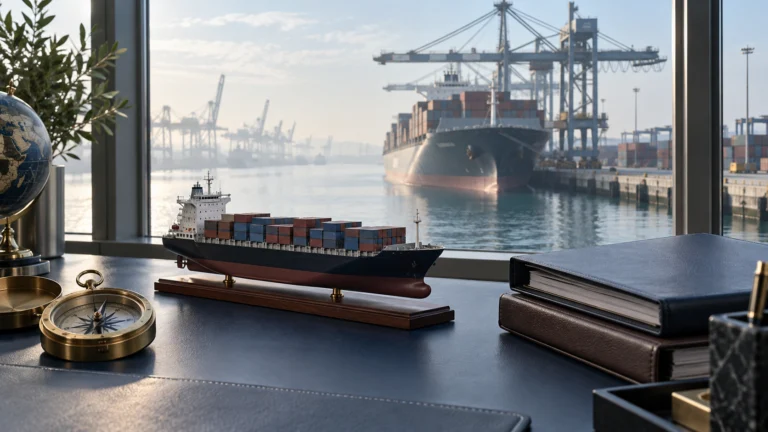 Illustrazione di un modello di nave mercantile e fascicoli in un ufficio affacciato su un porto