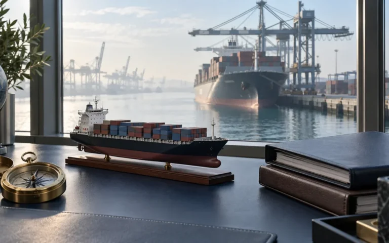 Illustrazione di un modello di nave mercantile e fascicoli in un ufficio affacciato su un porto