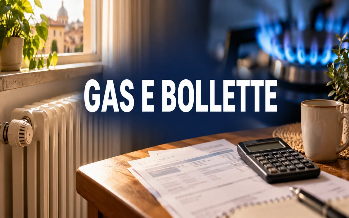Radiatore domestico, bolletta e calcolatrice con una fiamma del gas sullo sfondo e la scritta Gas e bollette.