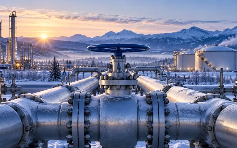 Tubazioni e valvole di un impianto di gas naturale in un paesaggio invernale, illustrazione rappresentativa