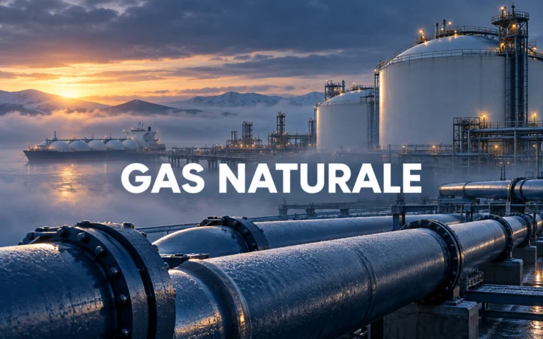 Terminale di gas naturale con serbatoi, nave e condotte all’alba, con la scritta GAS NATURALE.