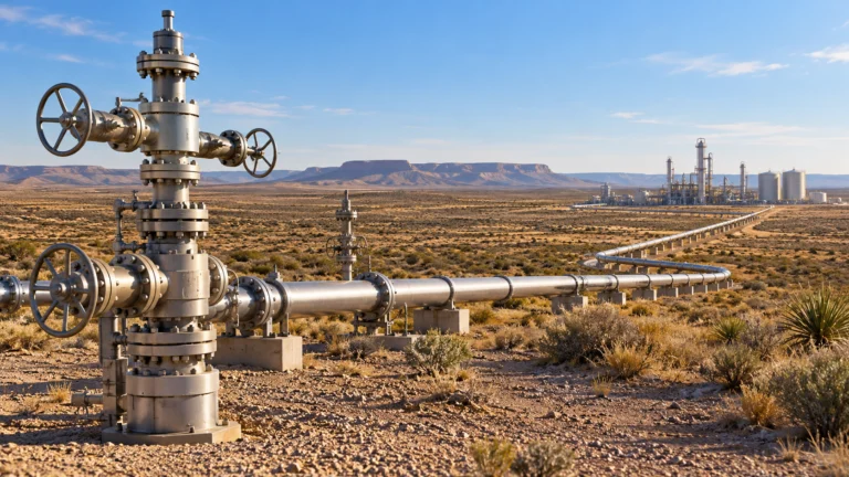 Illustrazione generata con IA: valvole e tubazioni per il gas naturale in un paesaggio arido ispirato al bacino del Permian.