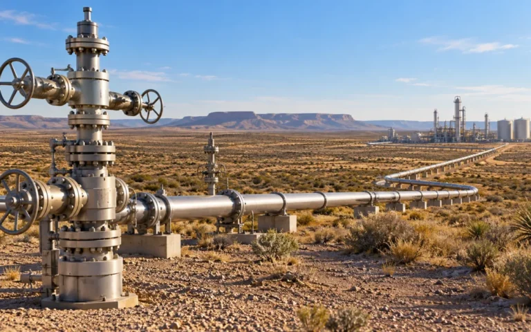 Illustrazione generata con IA: valvole e tubazioni per il gas naturale in un paesaggio arido ispirato al bacino del Permian.