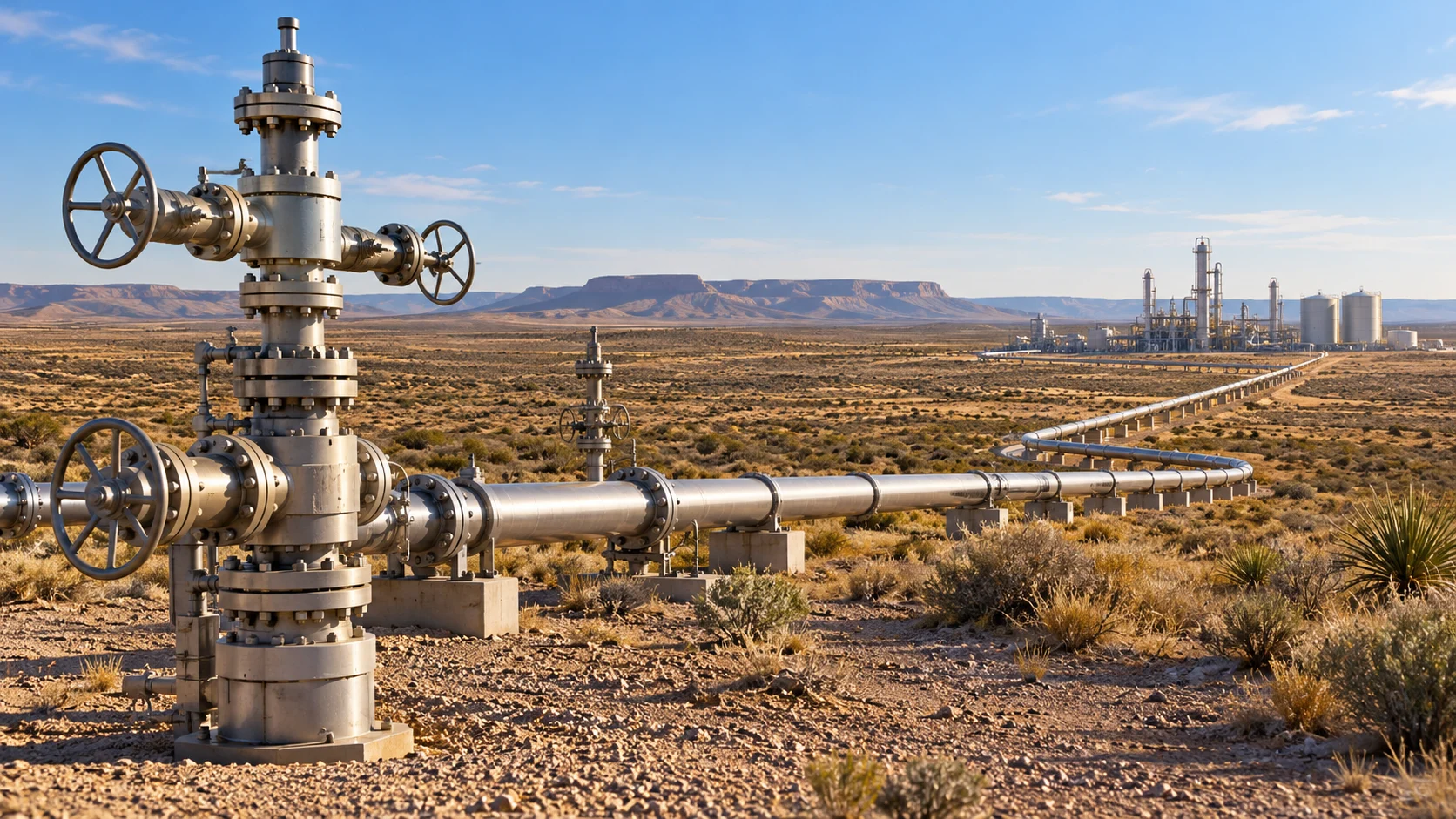 Illustrazione generata con IA: valvole e tubazioni per il gas naturale in un paesaggio arido ispirato al bacino del Permian.