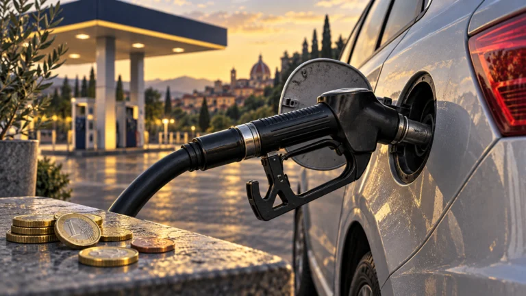 Illustrazione di una pistola del gasolio inserita in un’auto, con monete in primo piano.