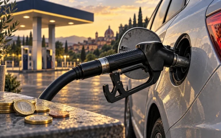 Illustrazione di una pistola del gasolio inserita in un’auto, con monete in primo piano.
