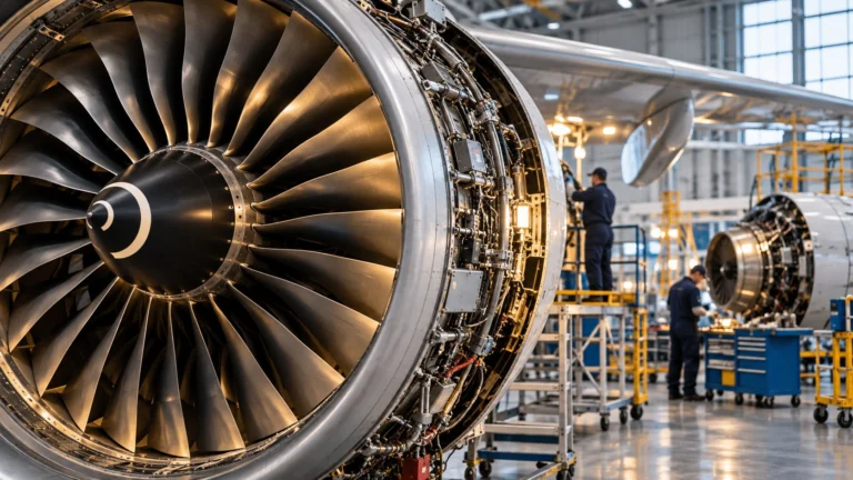 Motore aeronautico in un hangar di manutenzione con tecnici sullo sfondo