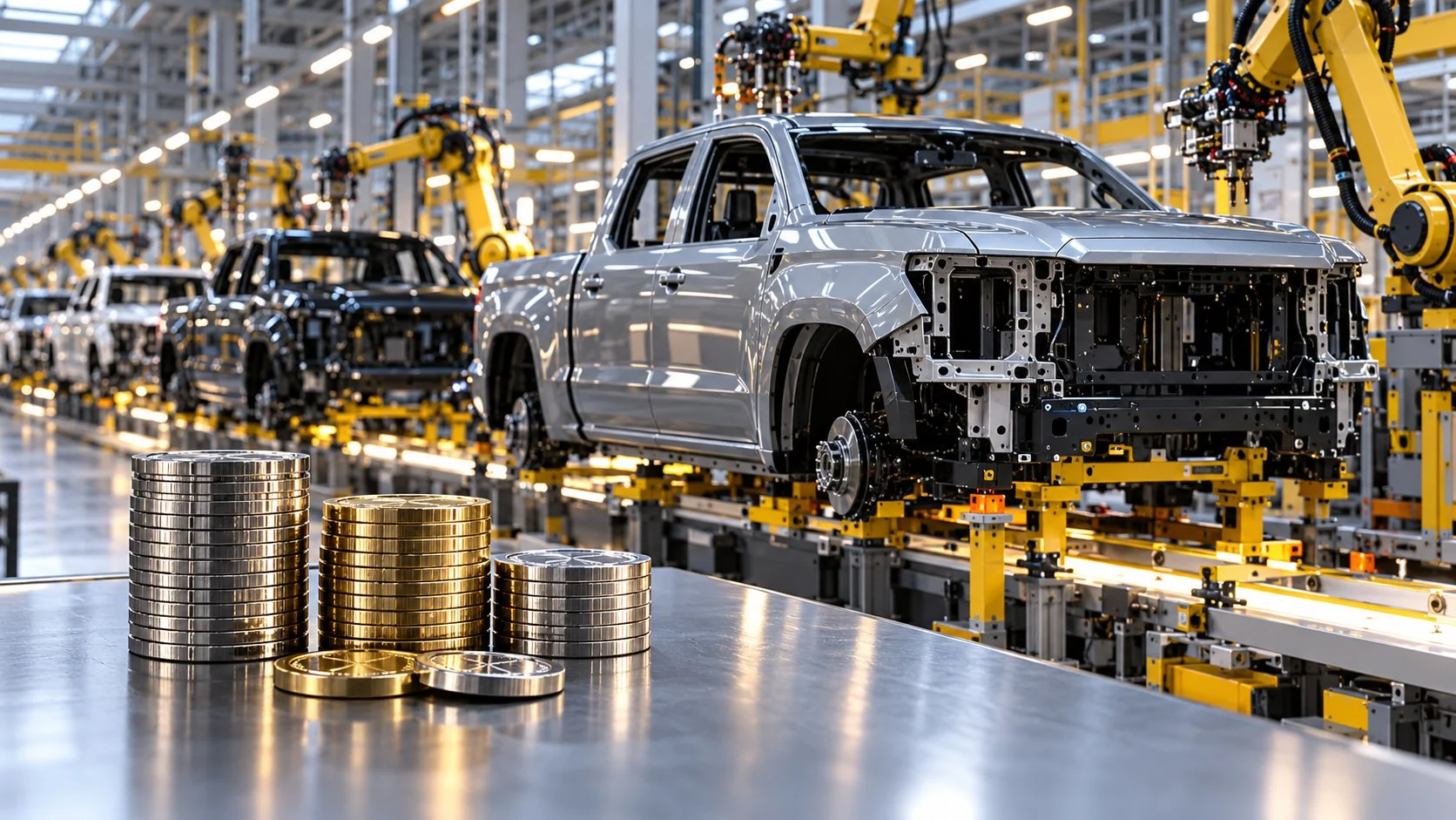 Linea di assemblaggio di pickup con robot industriali e simboli di capitale in primo piano