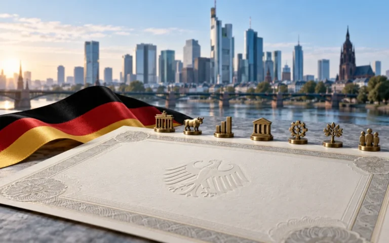 Illustrazione generata con IA: certificato obbligazionario simbolico e colori tedeschi davanti allo skyline di Francoforte.