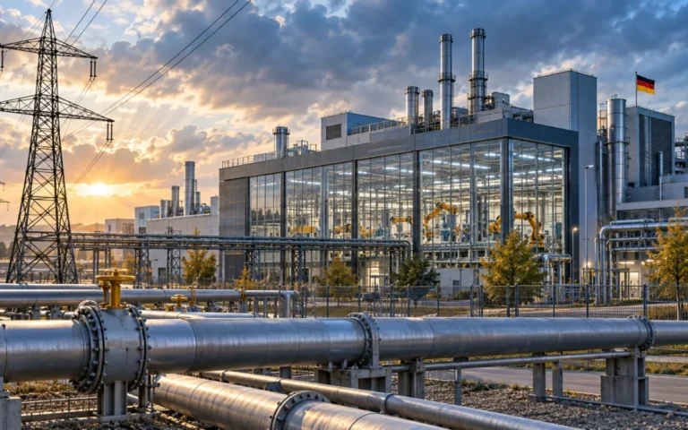 Illustrazione originale di una fabbrica tedesca con condotte energetiche e rete elettrica