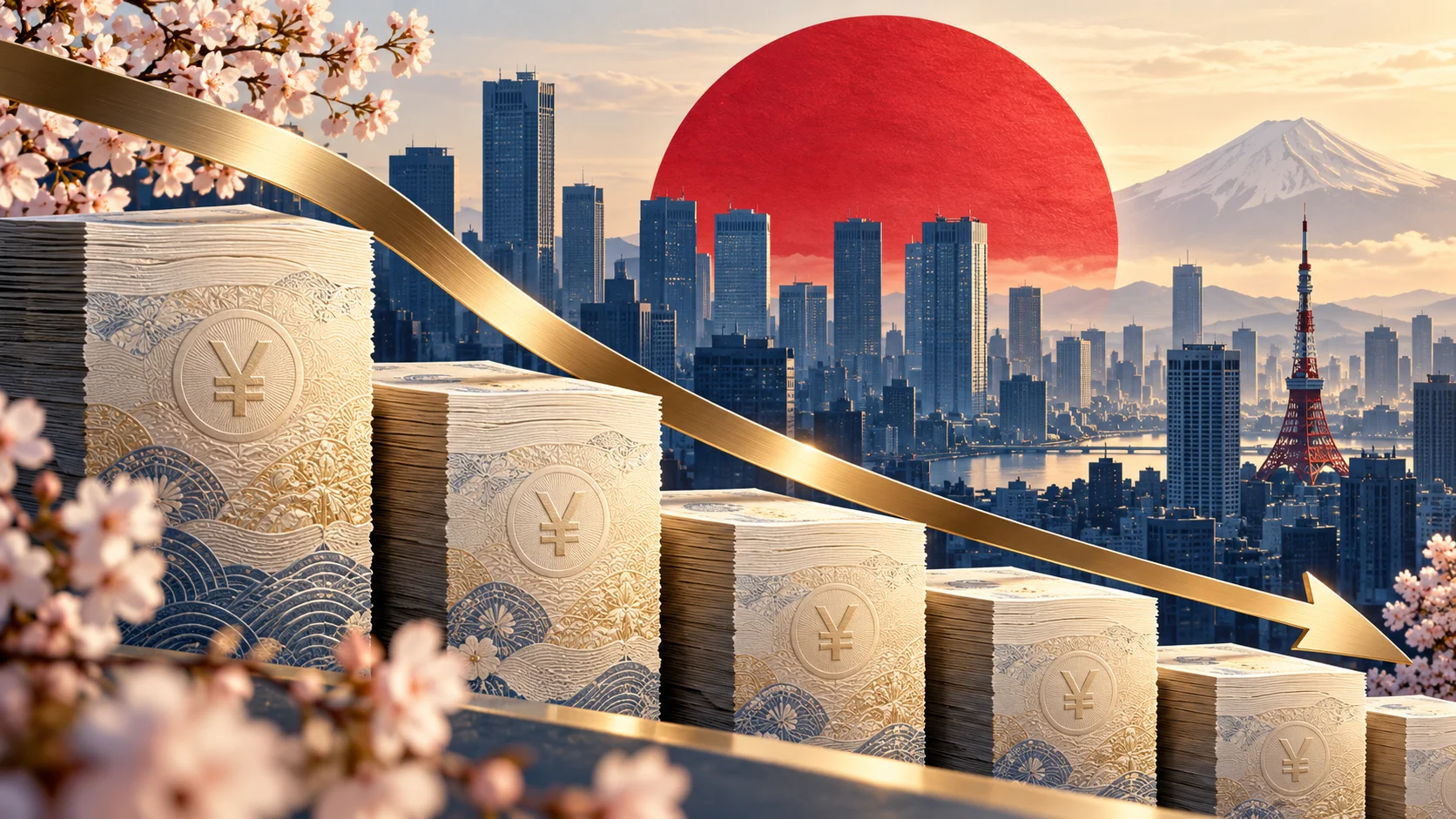 Illustrazione del mercato obbligazionario giapponese con simboli dello yen, skyline di Tokyo e una freccia discendente
