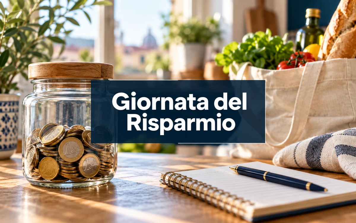 Monete in un contenitore e spesa domestica con la scritta Giornata del Risparmio