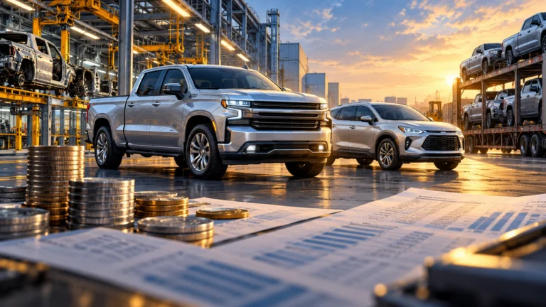 Illustrazione di pickup e crossover in una fabbrica automobilistica, con monete e documenti contabili