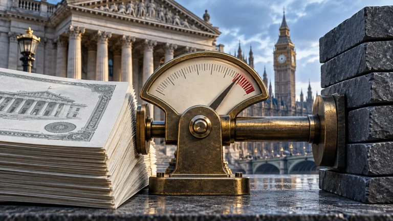 Illustrazione generata con IA: documenti obbligazionari, blocchi di bilancio e un edificio pubblico simbolico.