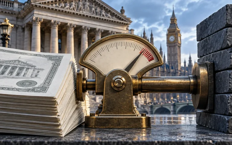 Illustrazione generata con IA: documenti obbligazionari, blocchi di bilancio e un edificio pubblico simbolico.
