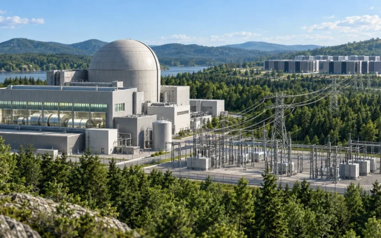 Illustrazione concettuale di centrale nucleare, rete elettrica e data center