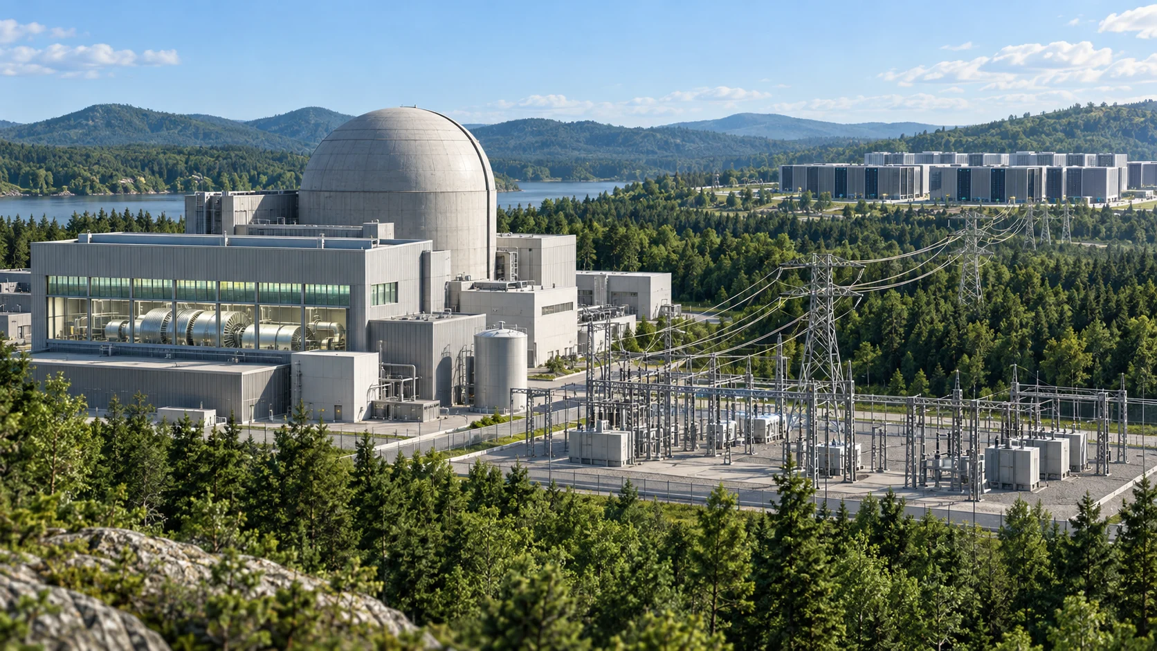 Illustrazione concettuale di centrale nucleare, rete elettrica e data center