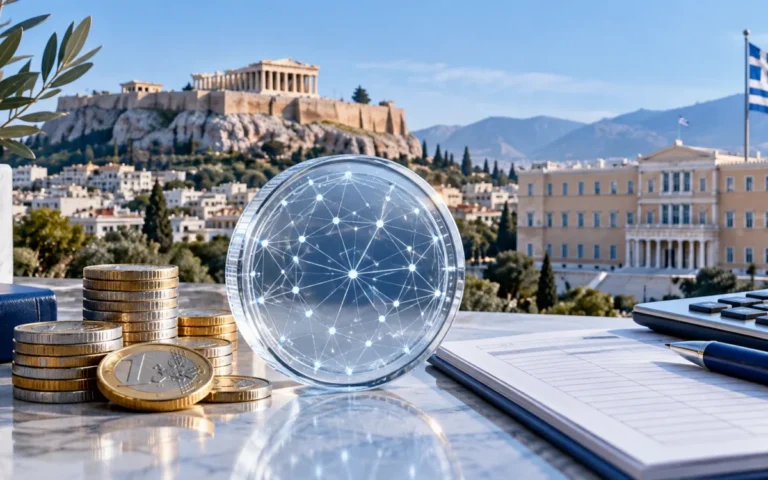 Illustrazione originale di criptoattività, euro e registro delle operazioni sullo sfondo di Atene
