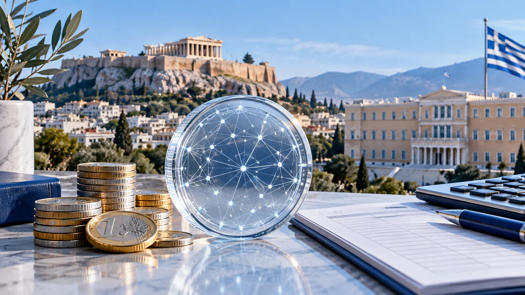 Illustrazione originale di criptoattività, euro e registro delle operazioni sullo sfondo di Atene