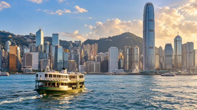 Panorama del distretto finanziario di Hong Kong e Victoria Harbour con un traghetto