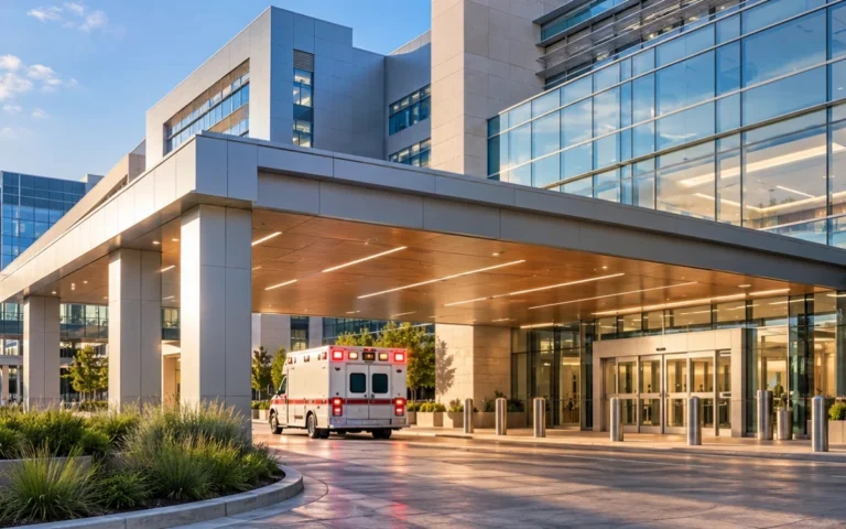 Ingresso di un ospedale con ambulanza, immagine illustrativa dell’attività ospedaliera.