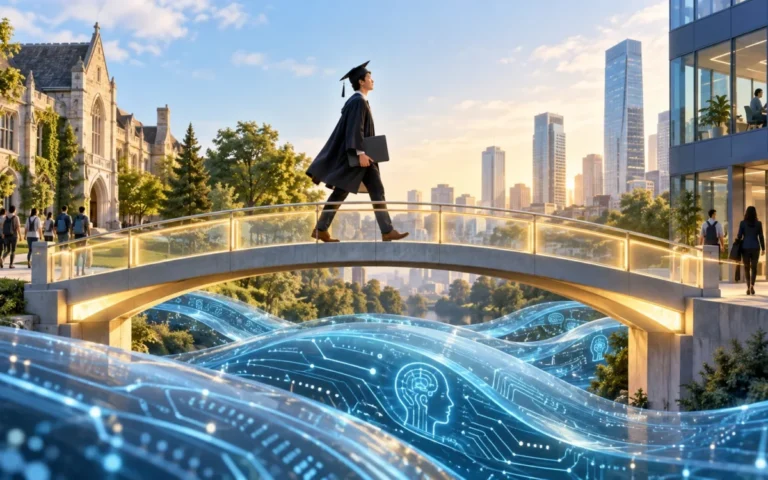 Un giovane attraversa un ponte verso il primo impiego sopra un’onda digitale, simbolo dell’IA e della transizione del lavoro