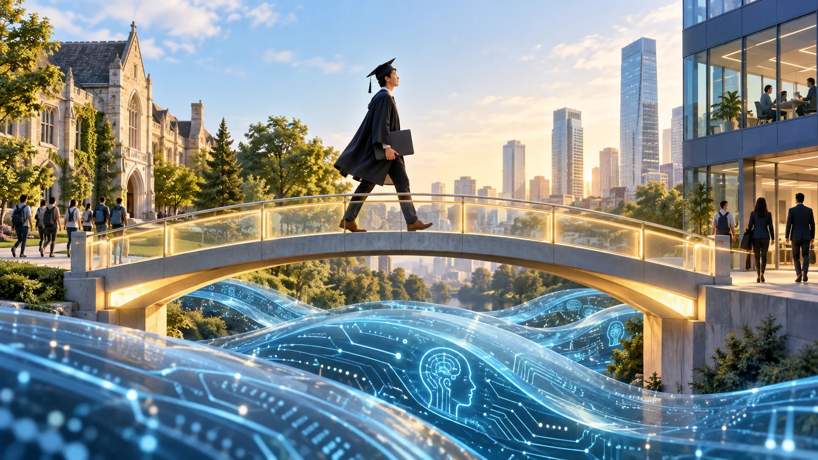 Un giovane attraversa un ponte verso il primo impiego sopra un’onda digitale, simbolo dell’IA e della transizione del lavoro