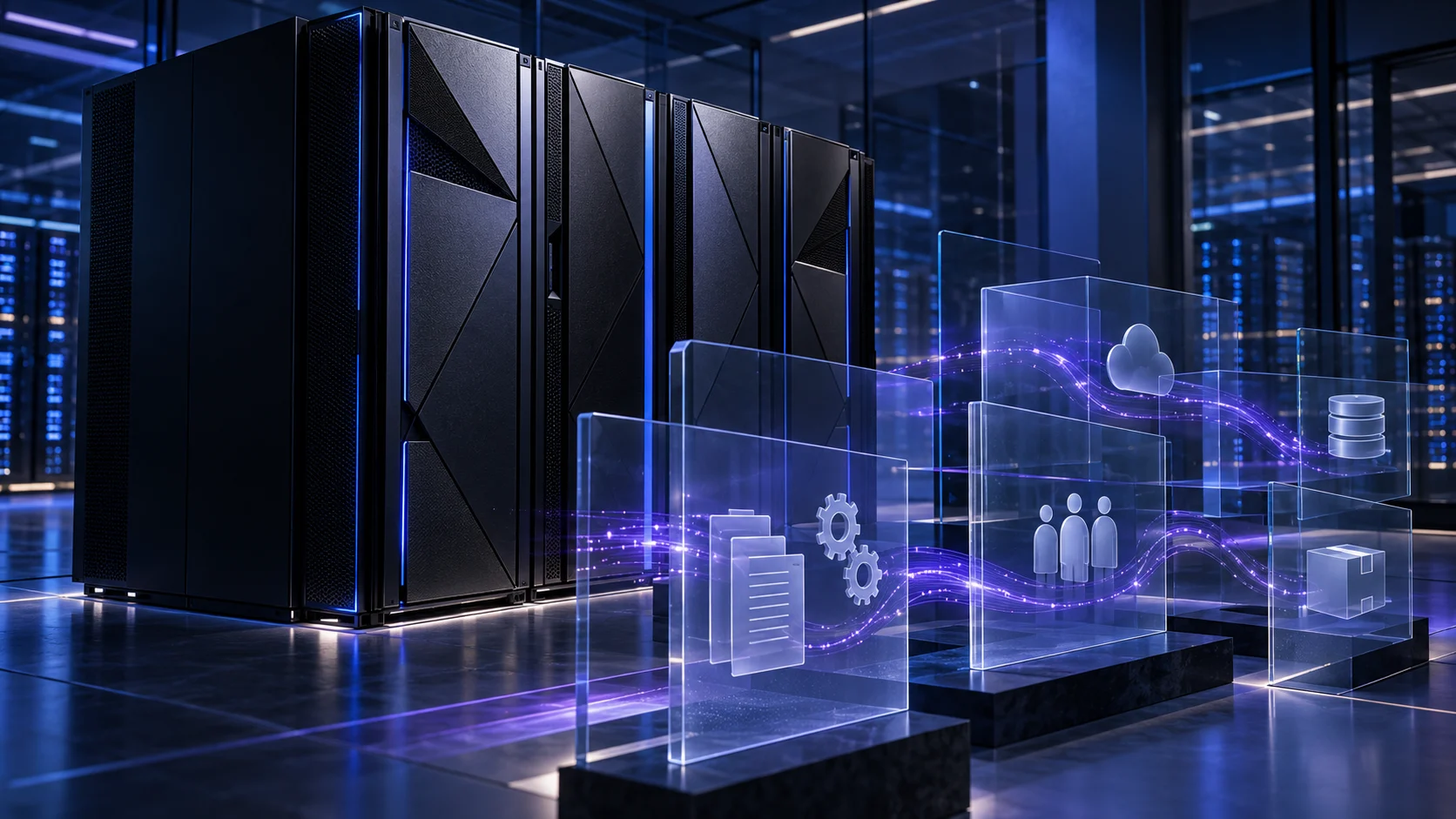 Sistema informatico aziendale con pannelli trasparenti che rappresentano flussi di lavoro e dati.