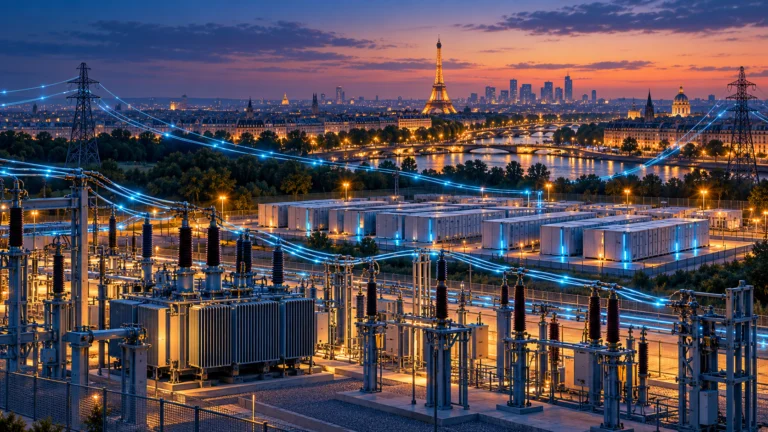 Illustrazione di una sottostazione elettrica e sistemi di accumulo con Parigi sullo sfondo