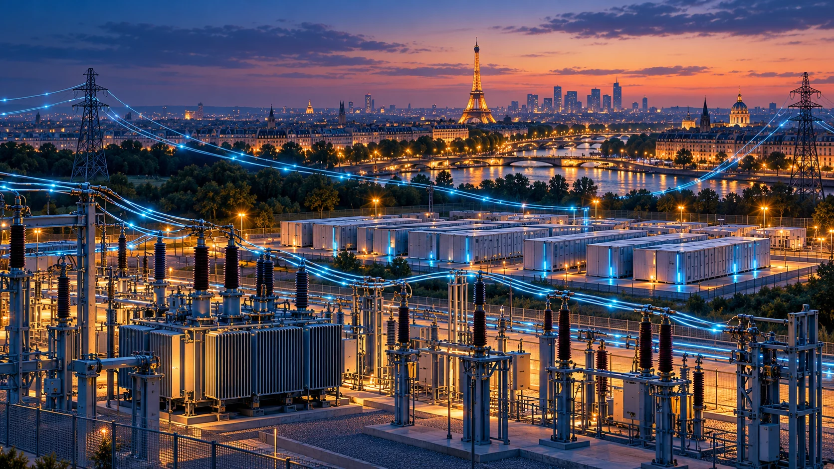 Illustrazione di una sottostazione elettrica e sistemi di accumulo con Parigi sullo sfondo