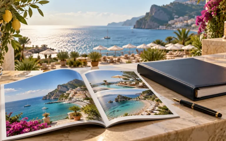 Illustrazione generata con IA: documenti societari e una brochure di viaggi davanti a un resort sul Mediterraneo.