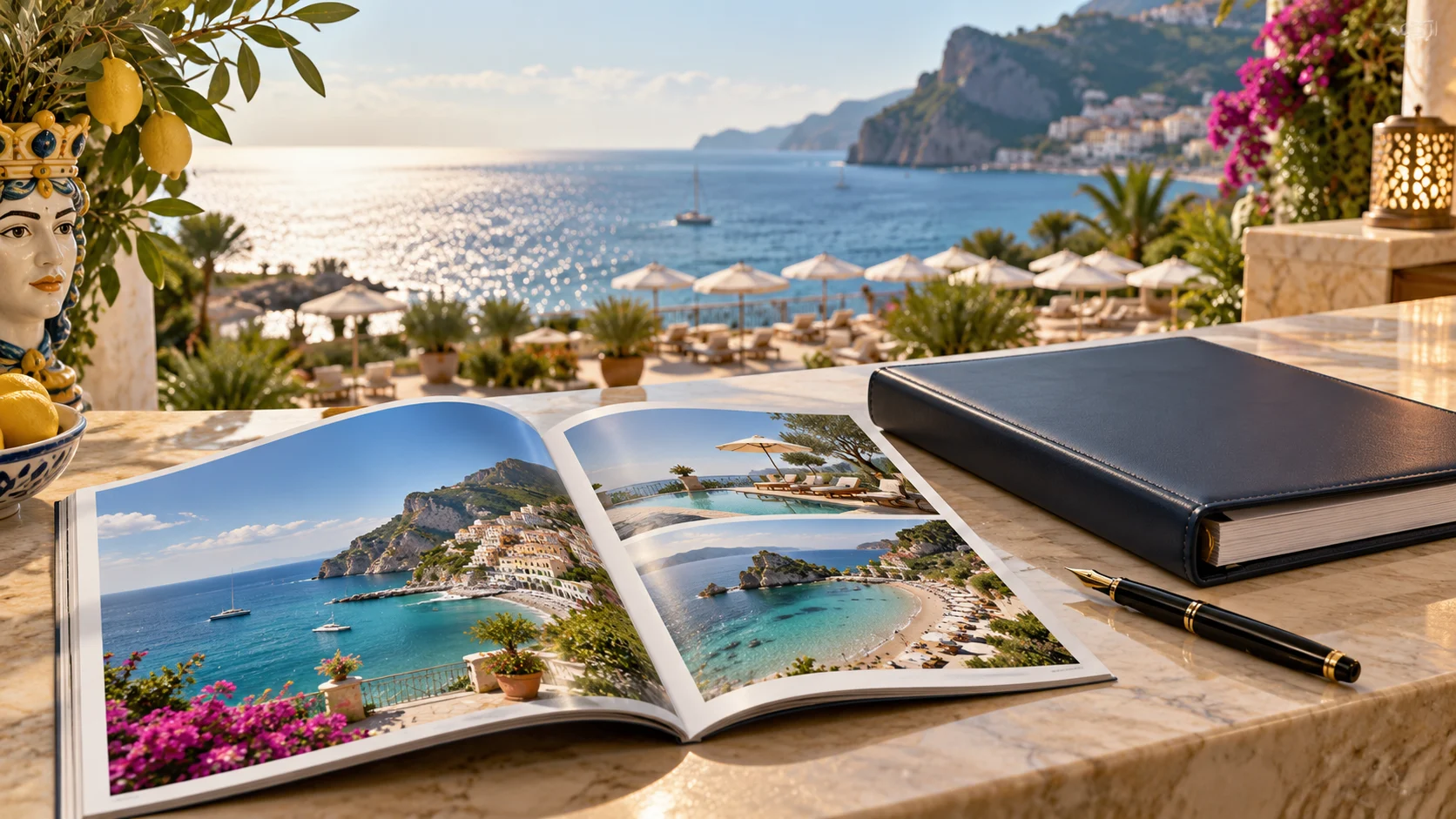 Illustrazione generata con IA: documenti societari e una brochure di viaggi davanti a un resort sul Mediterraneo.