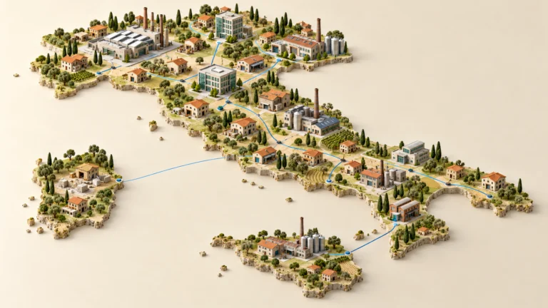 Modelli di piccole imprese e grandi stabilimenti collegati su una mappa stilizzata dell’Italia.